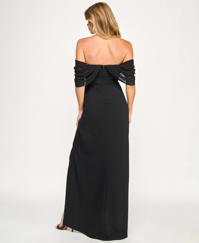 Seni & Cade Juniors' Off-the- Shoulder Drape Long Dress In Black