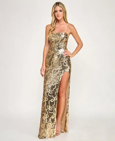 Seni & Cade Juniors' Bow Sequin Square Neck Long Dress In Gold