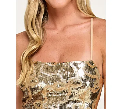 Seni & Cade Juniors' Bow Sequin Square Neck Long Dress In Gold