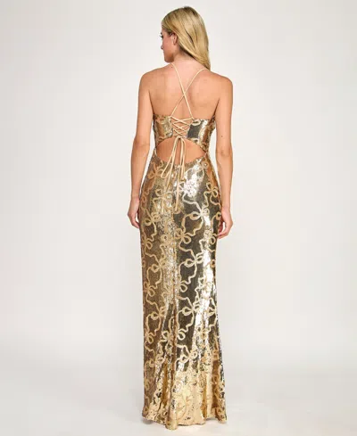 Seni & Cade Juniors' Bow Sequin Square Neck Long Dress In Gold