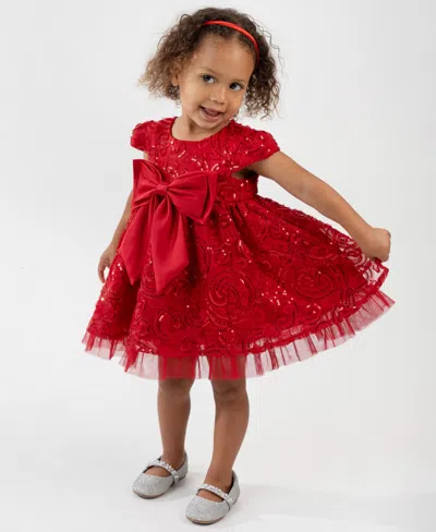 Rare Editions Baby Girls 2-piece Sequin Soutache Mesh Dress And Diaper Cover Set In Red