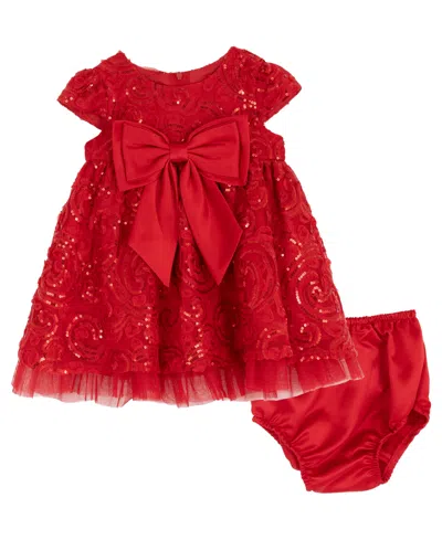 Rare Editions Baby Girls 2-piece Sequin Soutache Mesh Dress And Diaper Cover Set In Red