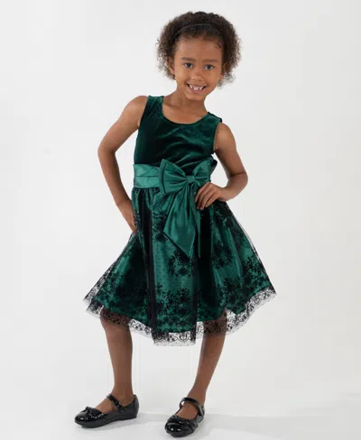Rare Editions Girls 2t-6x Bow Applique Border Mesh Dress In Green