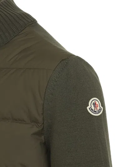 Moncler Quilted Front Cardigan With Ribbed Collar And Cuffs In Green