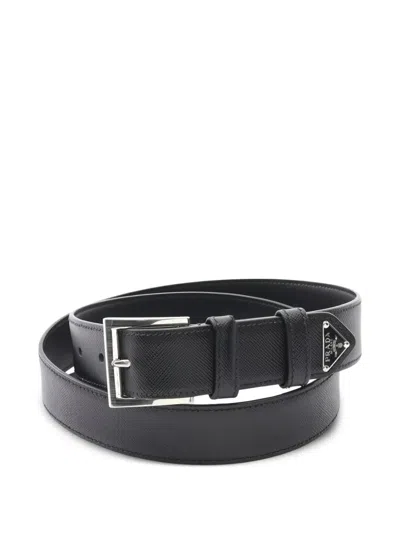 Pre-owned Prada 2000 Triangle Logo Leather Belt In Black