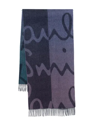 Paul Smith Abstract Pattern Color Block Fringed Scarf In Blue