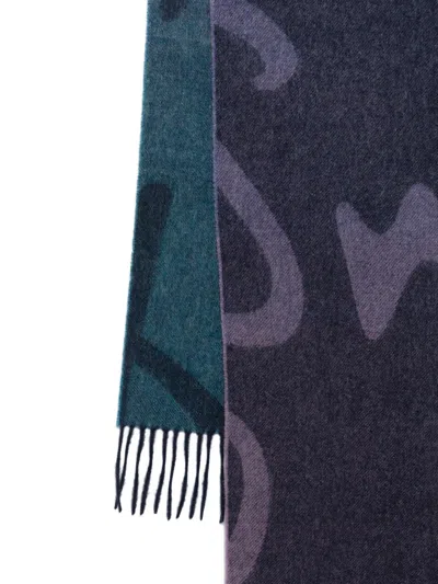 Paul Smith Abstract Pattern Color Block Fringed Scarf In Blue