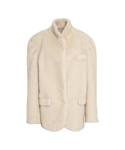 Forte Dei Marmi Couture Structured Beige Faux Fur Jacket With Houndstooth Pattern In Neutral