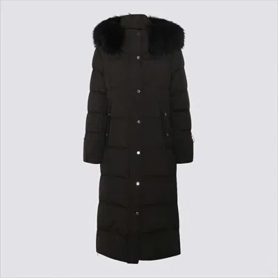 Moorer Quilted Long Padded Coat With Plush Fur Hood In Black