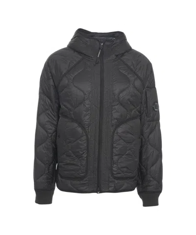 C.p. Company Black Jacket With Fixed Hood And Logo Plaque On The Sleeve In Tech Fabric Man In Black
