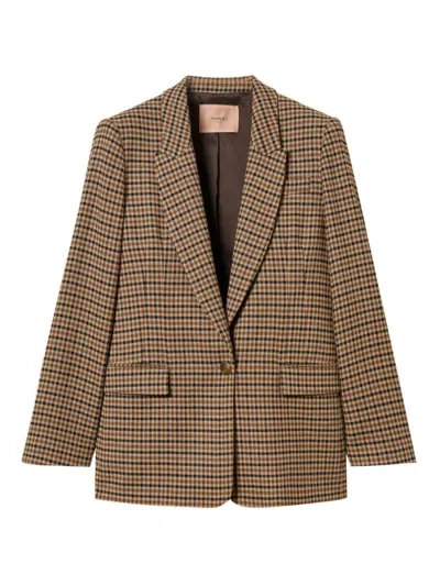 Twinset Checkered Tailored Blazer With Notched Lapels In Brown