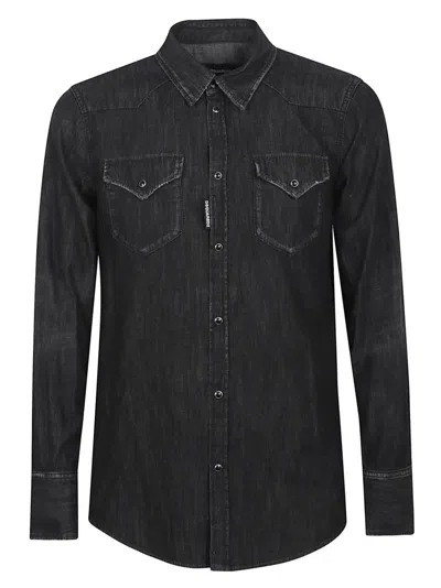 Dsquared2 Button-down Black Shirt With Textured Fabric In Black