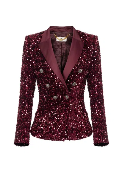 Elisabetta Franchi Double-breasted Blazer With Satin Lapel And Sequins In Red
