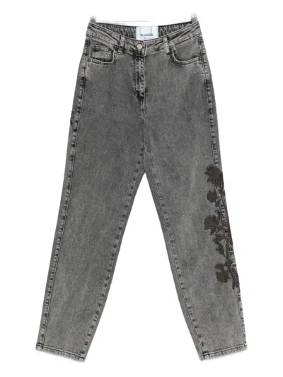 Blugirl Washed Grey Tapered Jeans With Floral Embroidery In Gray