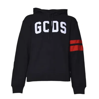 Gcds Sporty Black Hoodie With Bold Logo And Stripe Accents In Black