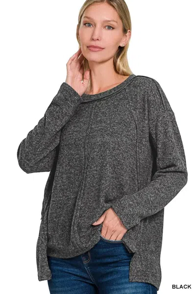 Truedames Full Size Ribbed Brushed Hacci Melange Henley Sweater Plus Size In Black