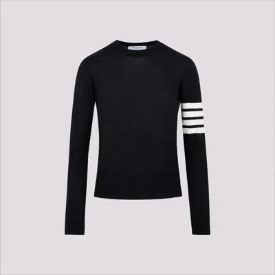 Thom Browne Long Sleeve Wool Sweater With Contrasting Stripe Detail In Black