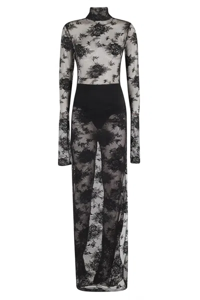 The Andamane High Neck Black Lace Jumpsuit With Side Slit In Blue
