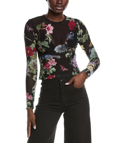 Alice And Olivia Delaina Floral-print Stretch-mesh Top In Black