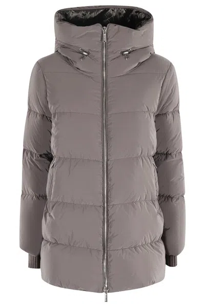Moorer Padded Quilted Down Coat With High Collar And Hood In Gray