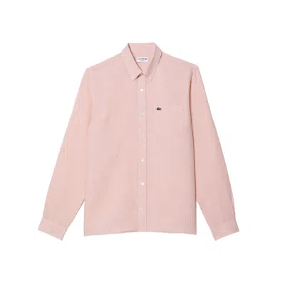 Lacoste Pink Linen Shirt With Straight Cut Collar In Pink