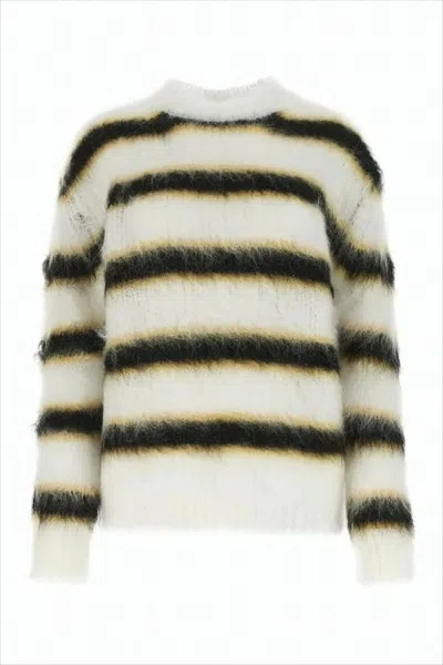 Marni Fuzzy Striped Sweater In Soft Knit In White