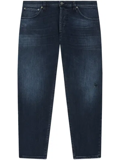 Dondup Distressed Dark Denim Trousers With Raw Edge Finish In Blue