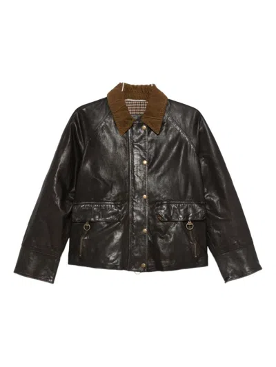 The Jack And Jackie Leathers Brown Leather Jacket With Textured Corduroy Collar In Brown
