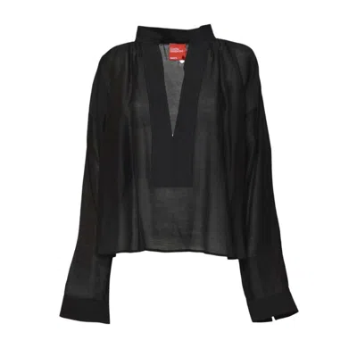 Merci Loose-fit Black Blouse With Deep V-neckline And Wide Placket In Black