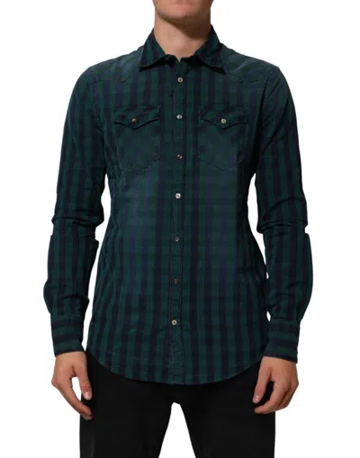 Pre-owned Aglini Checke Cotton Button Down Long Sleeves Men's Shirt () In Green
