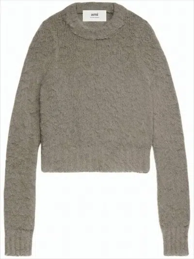Ami Alexandre Mattiussi Cropped Fuzzy Knit Sweater With Unique Texture In Gray