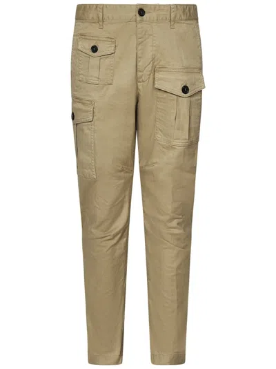 Dsquared2 Cargo Trousers With Button-up Closure And Bronze-tone Logo In Neutral
