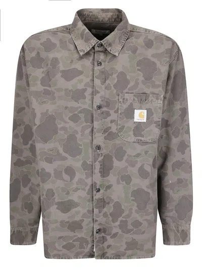 Carhartt Allover Camouflage Print Long Sleeve Shirt With Button-up Front In Gray