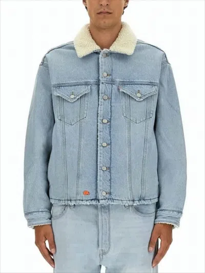 Erl Light Blue Denim Jacket In Animal Print
