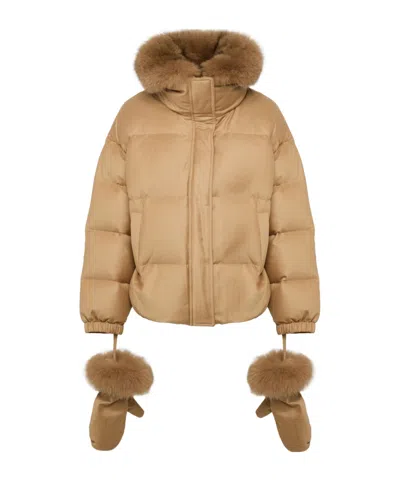 Yves Salomon Short Down Jacket With Detachable Fox Fur Collar And Mittens In Gold