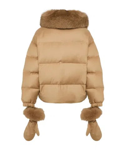 Yves Salomon Short Down Jacket With Detachable Fox Fur Collar And Mittens In Gold