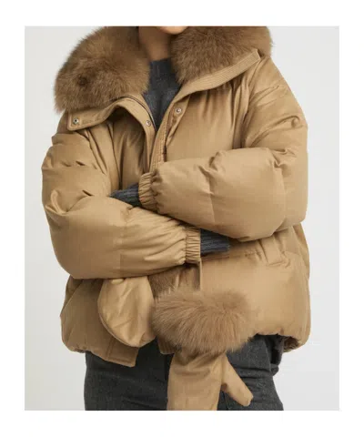 Yves Salomon Short Down Jacket With Detachable Fox Fur Collar And Mittens In Gold