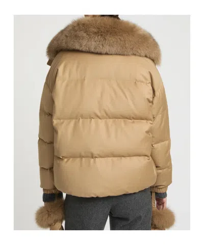 Yves Salomon Short Down Jacket With Detachable Fox Fur Collar And Mittens In Gold