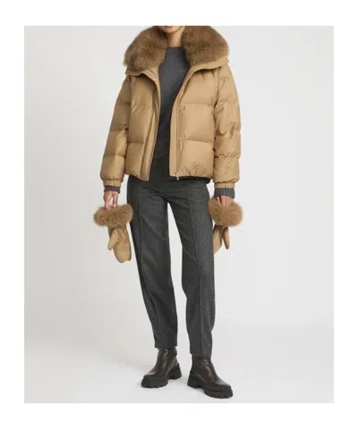 Yves Salomon Short Down Jacket With Detachable Fox Fur Collar And Mittens In Gold
