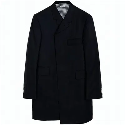 Thom Browne Long Black Wool Coat With Double-breasted Front And Notched Lapel In Black