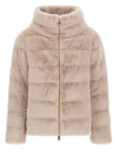 Herno Cropped Beige Coat With Horizontal Quilted Pattern And High Collar In Multi