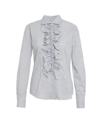 Himon's Vertical Striped Blouse With Ruffled Front In White