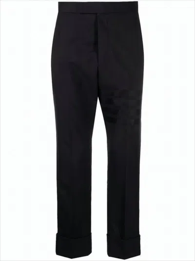 Thom Browne Cropped Black Wool Suit Pants With Gold Anchor Buttons In Black