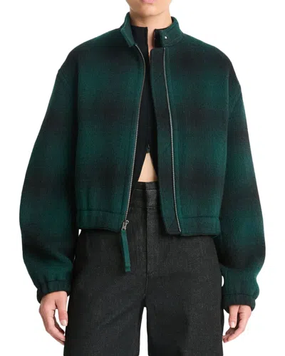 Vince Shadow Plaid Wool-blend Bomber Jacket In Green