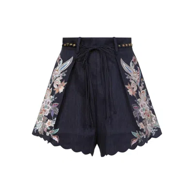 Zimmermann Pleated Floral-print Shorts With Scalloped Hem And Rope Waist Belt In Blue