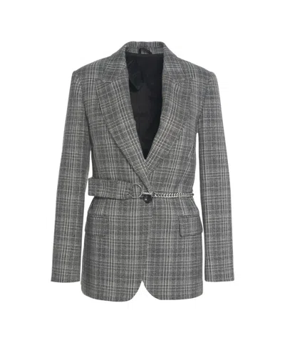 Liu •jo Glencheck Tailored Blazer With Chain Belt In Gray