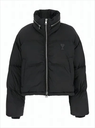 Ami Alexandre Mattiussi Cropped Down Puffer Jacket With High Collar And Boxy Silhouette In Black