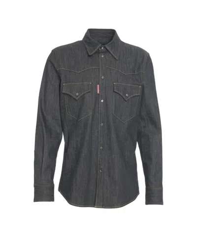 Dsquared2 Long-sleeve Casual Denim Shirt With Pocket Details In Gray