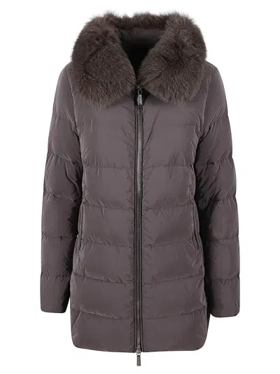 Moorer Trapeze-line Down Jacket With Detachable Fox Fur Collar In Brown