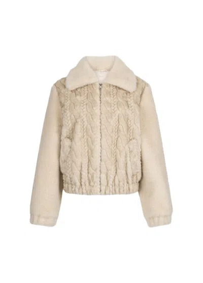 Liu •jo Plush Teddy Fabric Bomber Jacket With Braided Detailing In Neutral